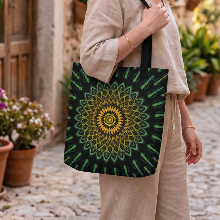 Green tote bag with yellow mandala boho design
