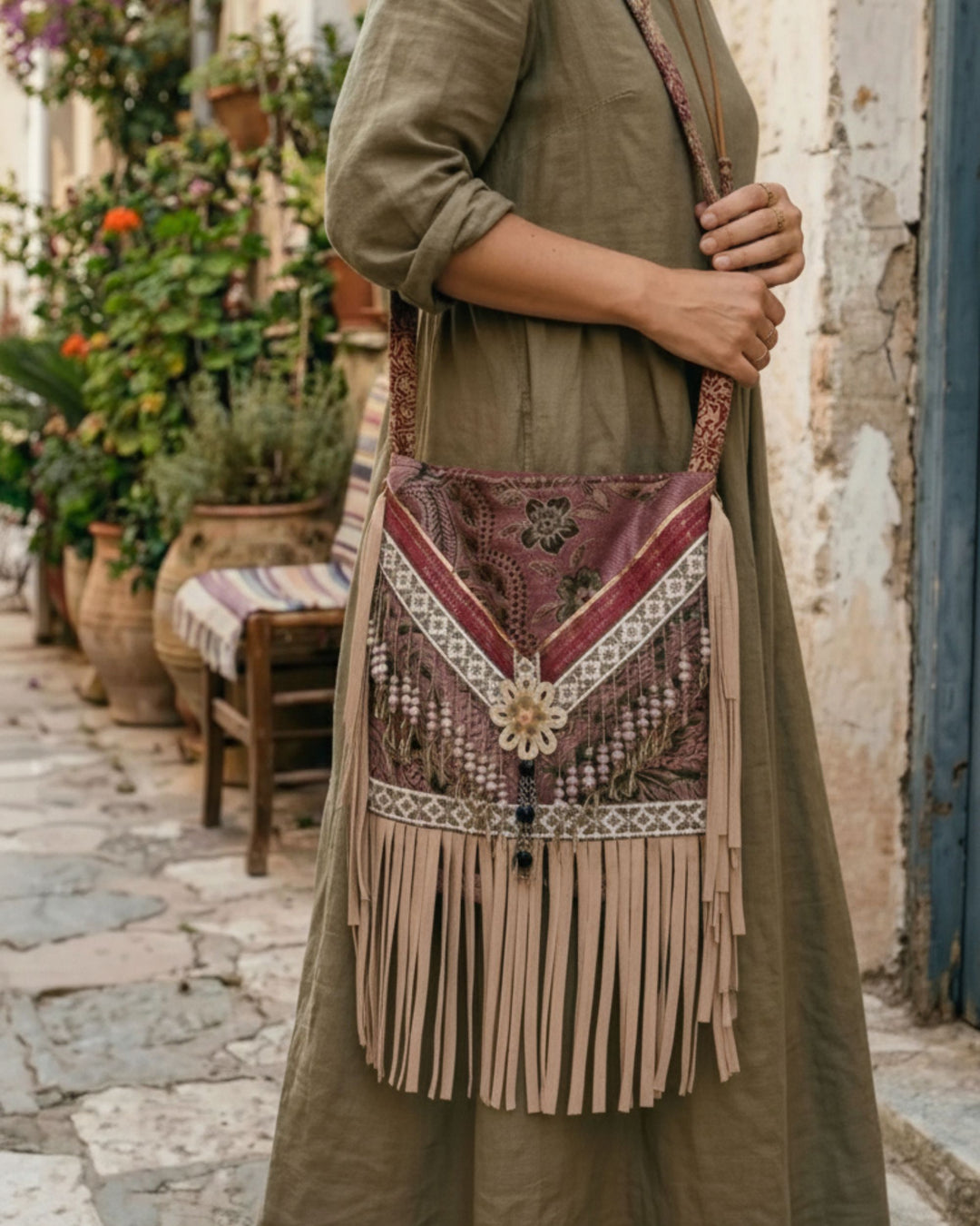 Woman wearing a handmade upcycled boho crossbody bag with fringe, lace and bead details, styled with a natural linen dress in a rustic Mediterranean street