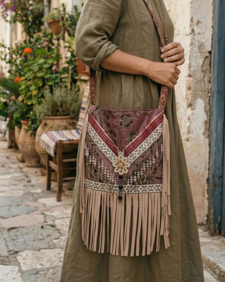 Woman wearing a handmade upcycled boho crossbody bag with fringe, lace and bead details, styled with a natural linen dress in a rustic Mediterranean street