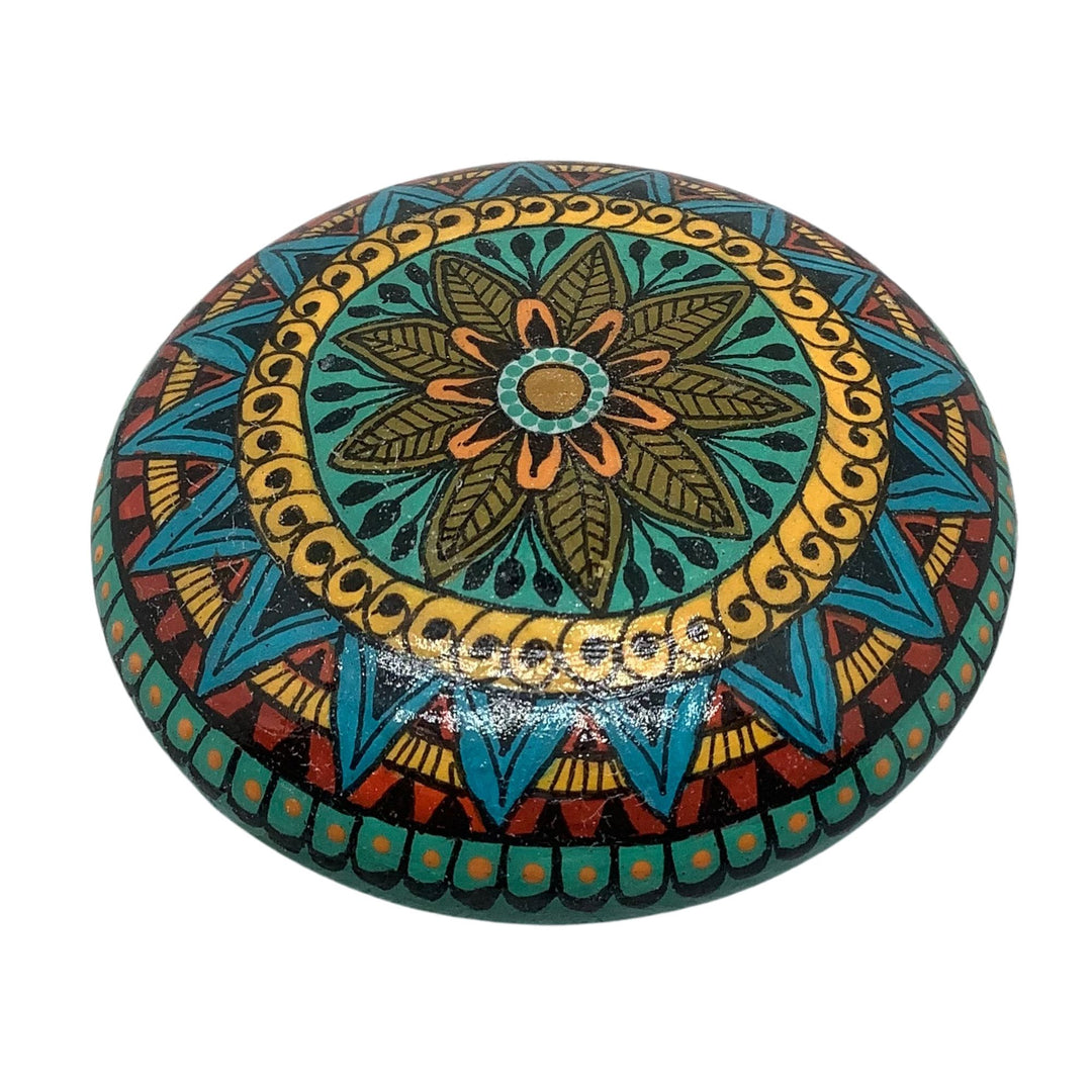 Hand-painted mandala stone in red, blue and yellow with glossy finish – calming art stone for home decor or meditation
