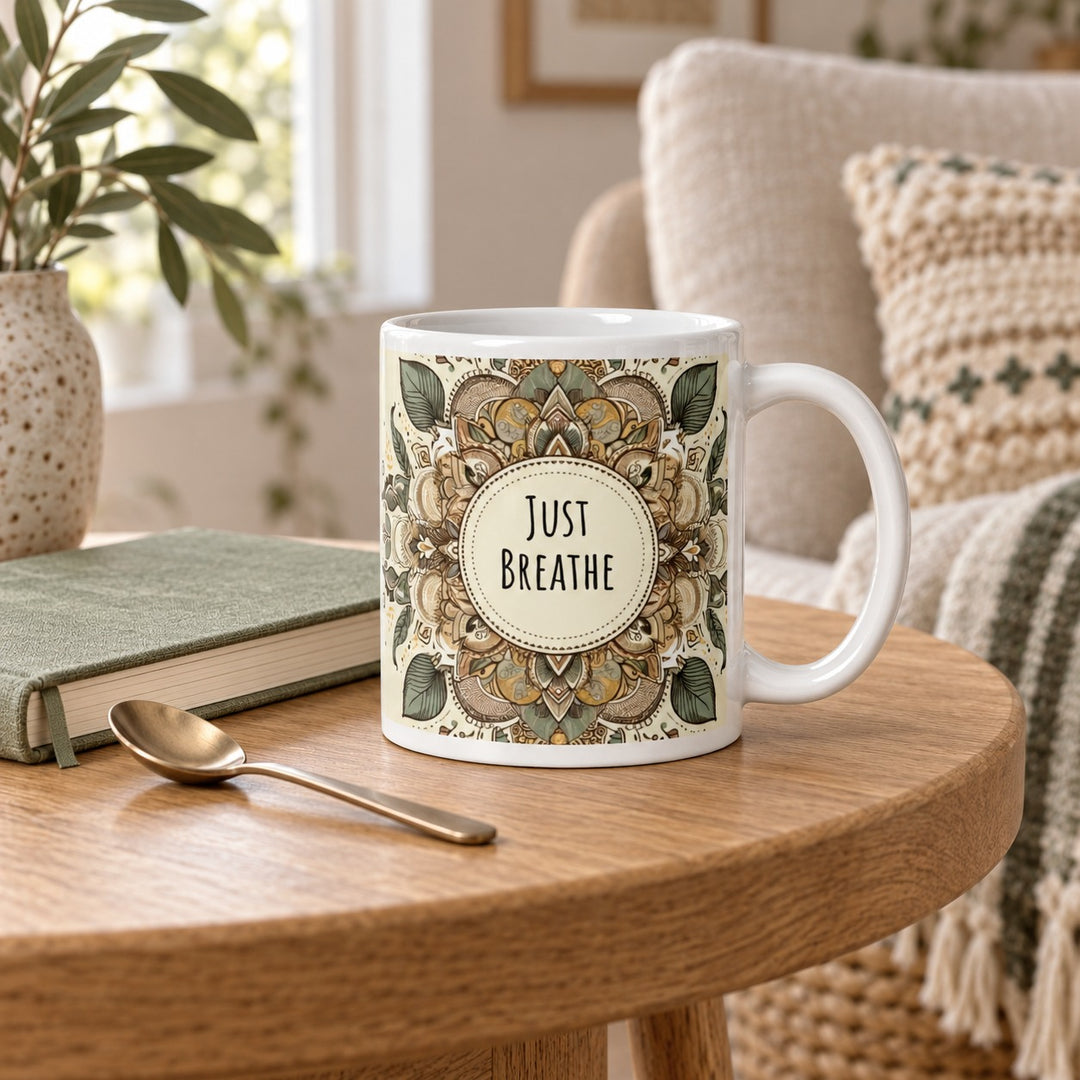 11 oz Just Breathe ceramic mug with a sage and beige mandala on an oak table beside a notebook.