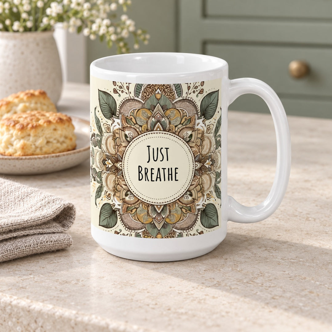 15 oz Just Breathe mandala mug on a pale kitchen counter beside biscuits and a linen napkin.