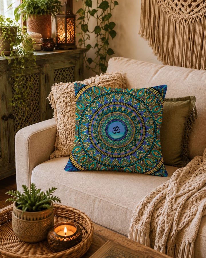 A bold om mandala pillow in teal, blue and gold on a cream sofa, styled with woven and fringed cushions in a cozy boho living room with macramé wall hanging, Moroccan lantern and candlelight