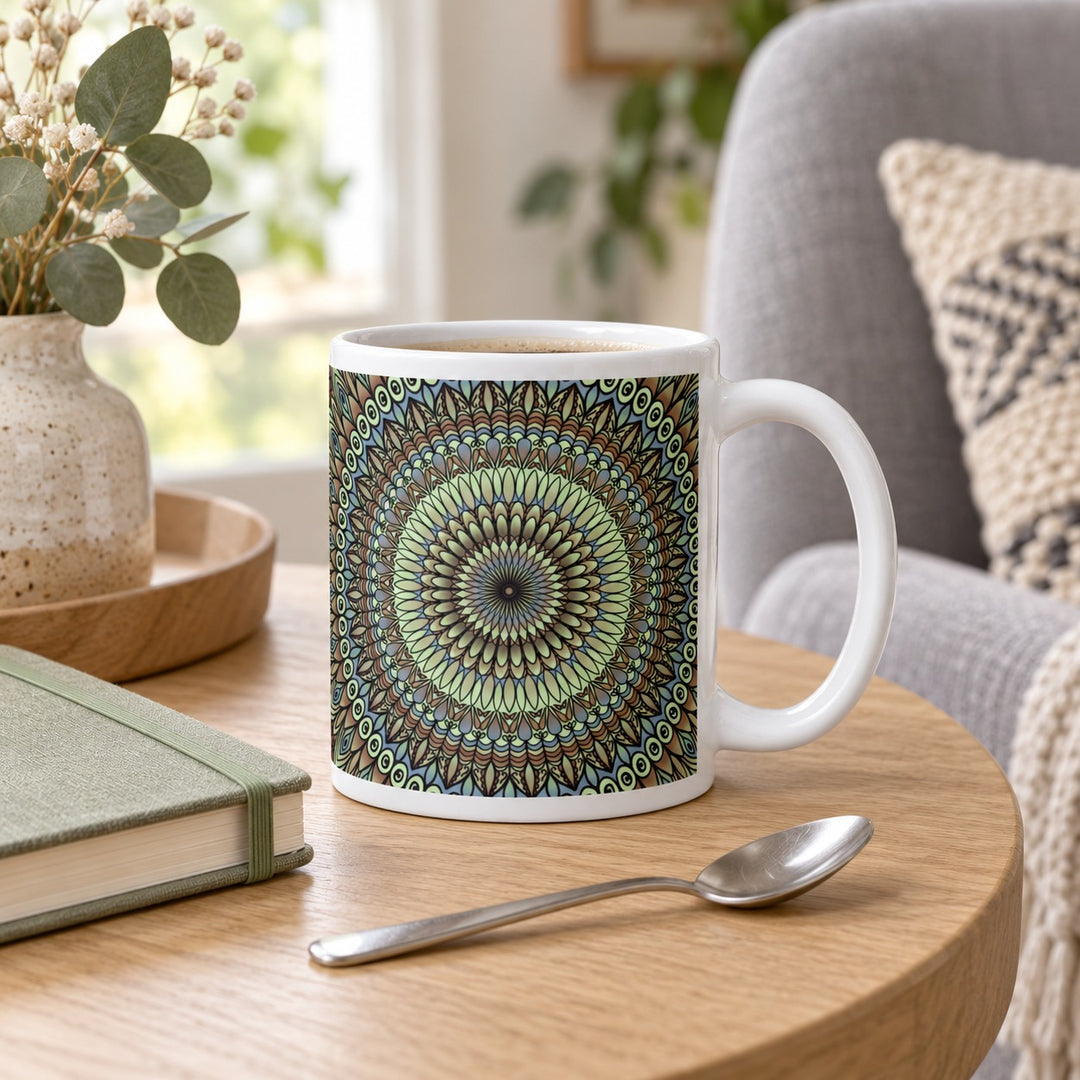 11 oz white ceramic mug with lavender, green and brown floral mandala on an oak side table beside a sage notebook.