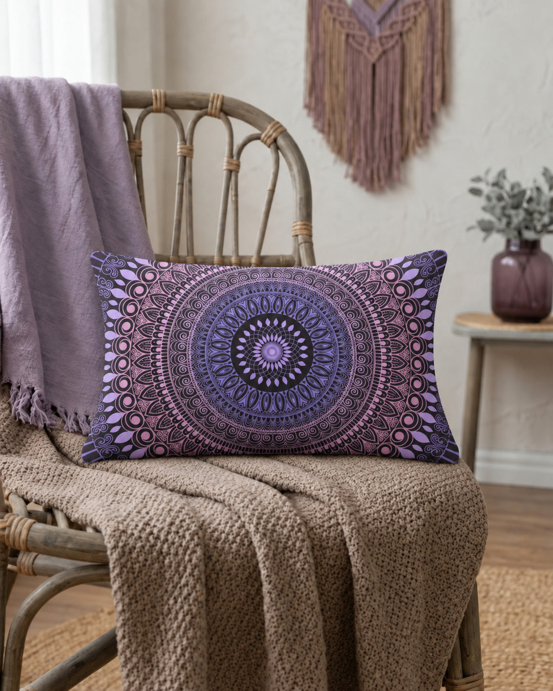 Boho lumbar pillow cover with purple mandala pattern styled on a rattan chair in a cozy boho interior