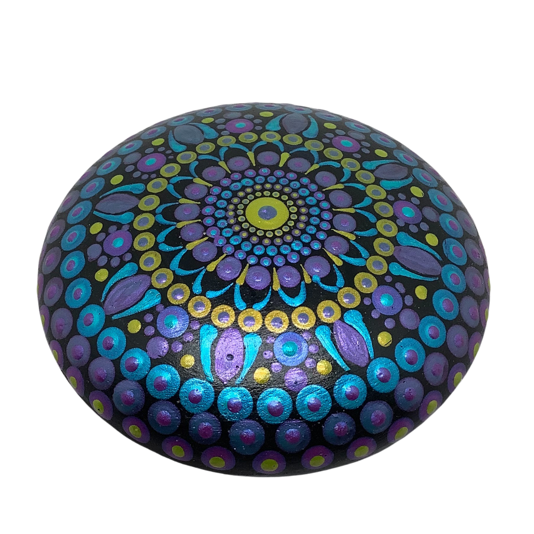 hand painted mandala stone in gold turquoise and purple small