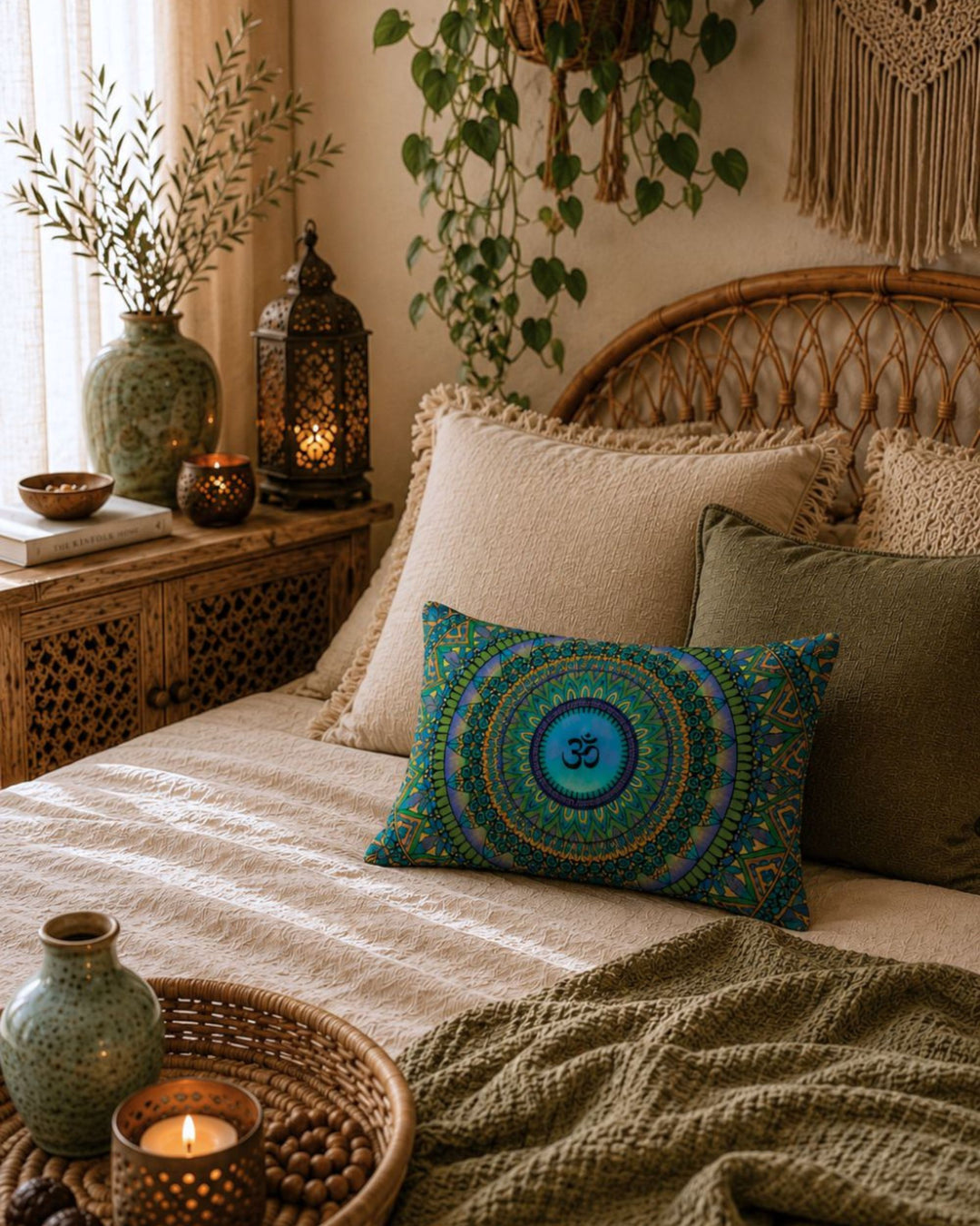 A teal and green om mandala lumbar pillow on a boho bedroom bed with a rattan headboard, olive green throw, neutral linen bedding and warm candlelight from a Moroccan lantern.