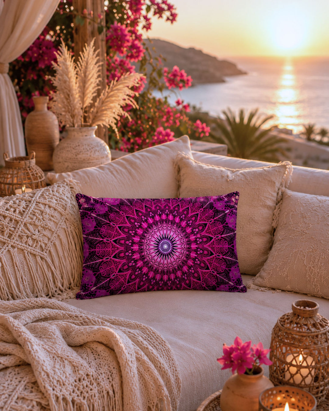 Bohemian pink mandala lumbar pillow on a cozy beige outdoor lounge sofa with soft knitted blankets, woven lanterns and blooming bougainvillea overlooking the ocean at sunset. Warm Mediterranean terrace styling with relaxed luxury boho atmosphere.