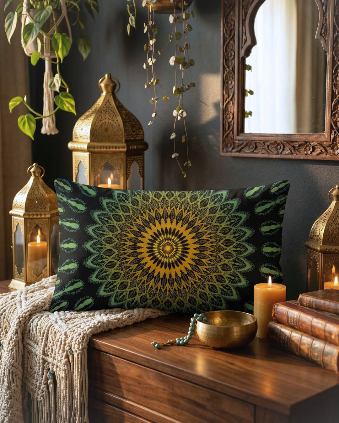 Zwart boho lumbar kussen met groene en goudgele mandala print op een houten kast in een warm sfeervol interieur met Marokkaanse lantaarns, kaarsen, hangplanten en donkere bohemian decoratie.