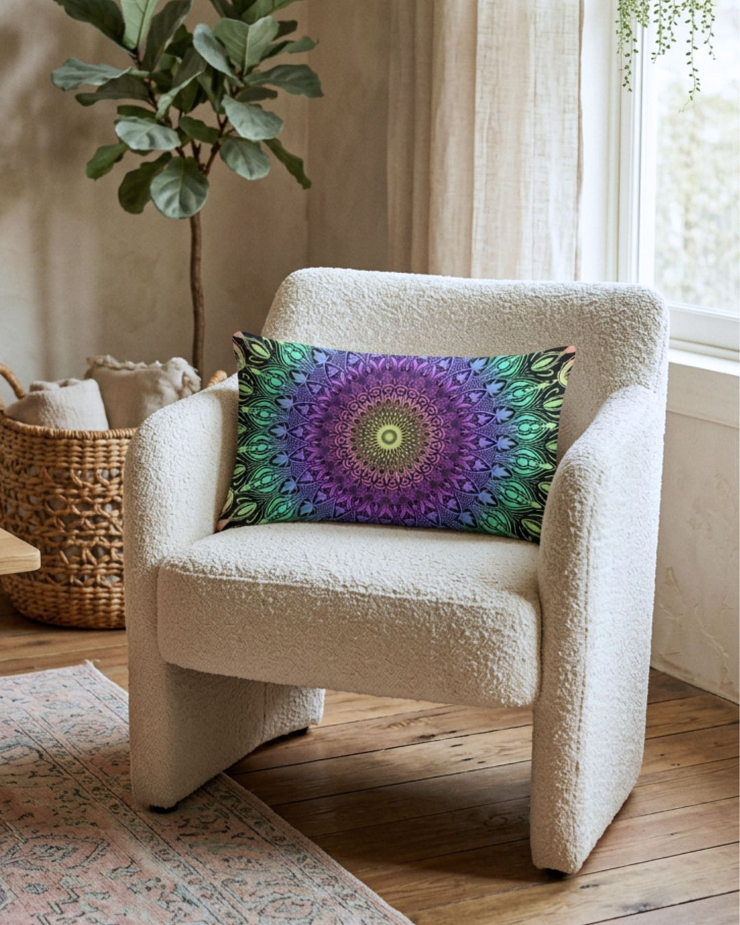 Boho mandala lumbar pillow with pastel rainbow mandala design on a black background styled on a cream boucle chair in a calm neutral boho interior with natural wood, woven textures and soft daylight.