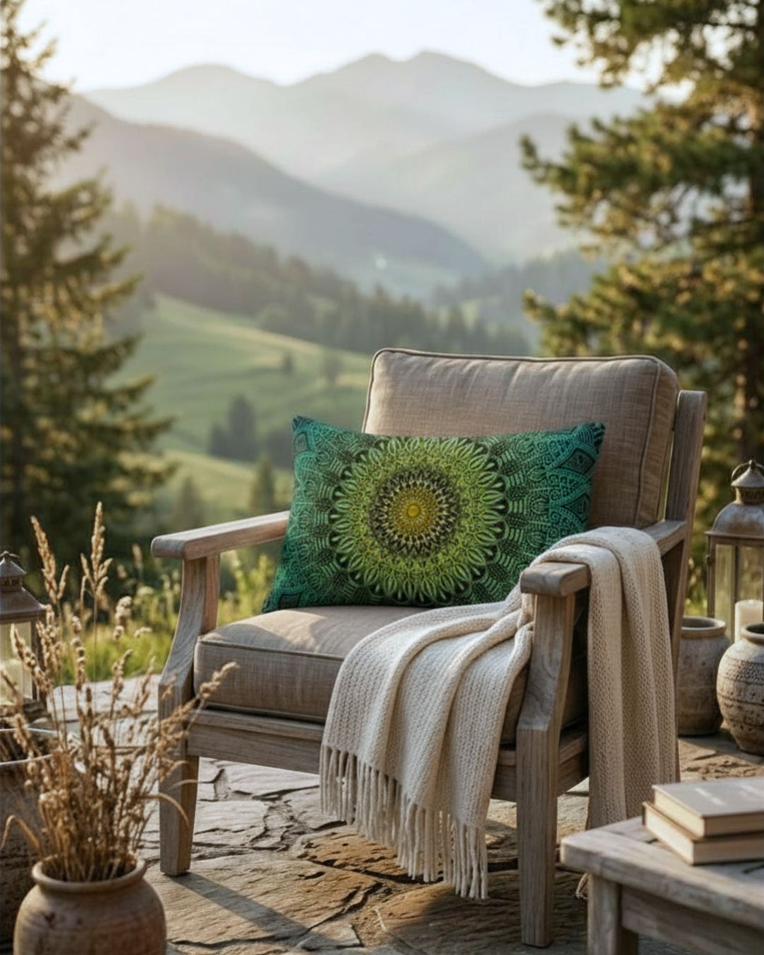 Bohemian 20x12 lumbar pillow with turquoise and sage green mandala design on a rustic wooden outdoor chair, styled with a cream knitted throw blanket and warm golden hour mountain landscape background.