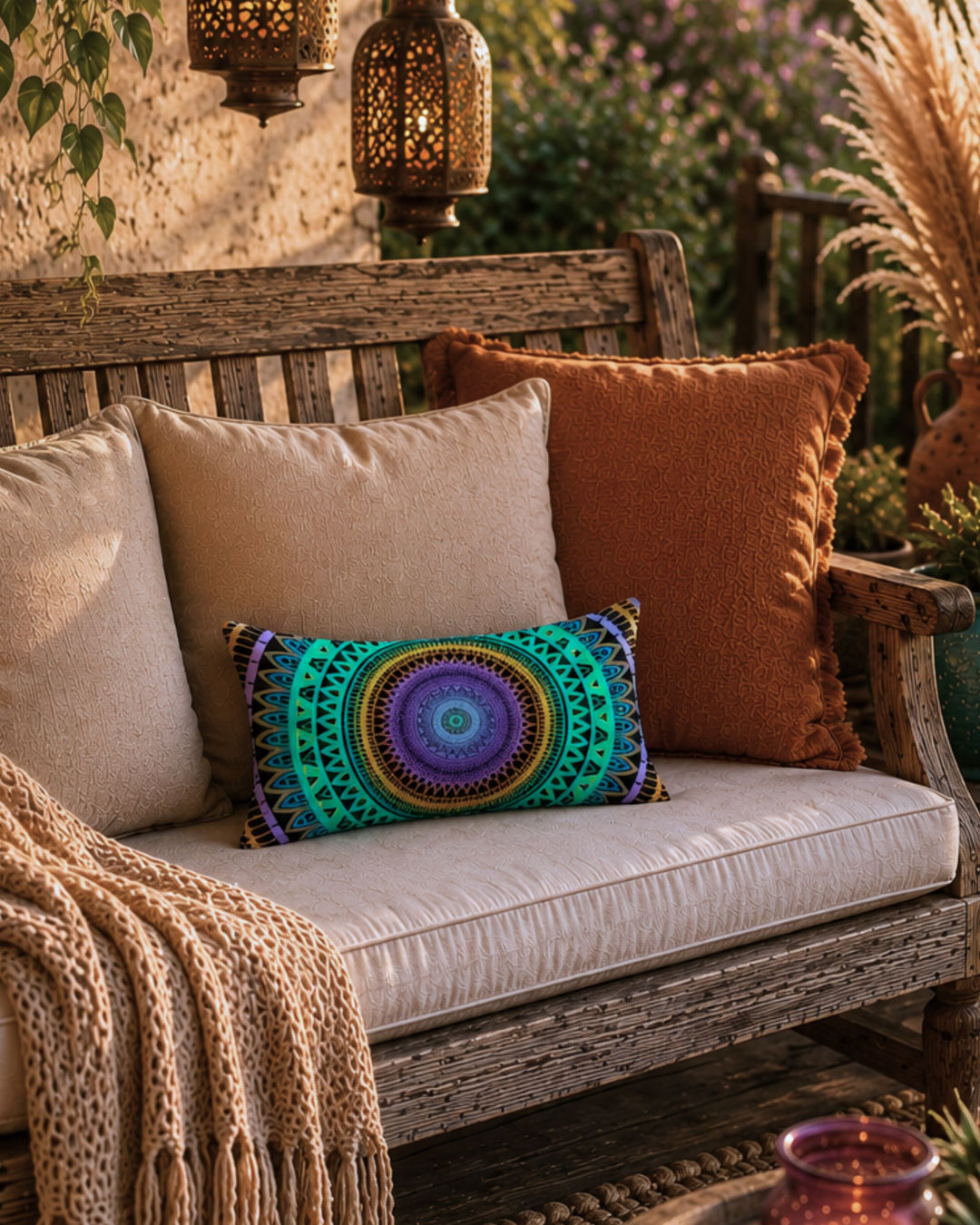 Bohemian lumbar mandala pillow in vibrant turquoise, purple and gold tones styled on a rustic wooden outdoor sofa with warm neutral cushions, soft knitted throw blanket, glowing lanterns and natural pampas grass on a cozy sunset veranda.