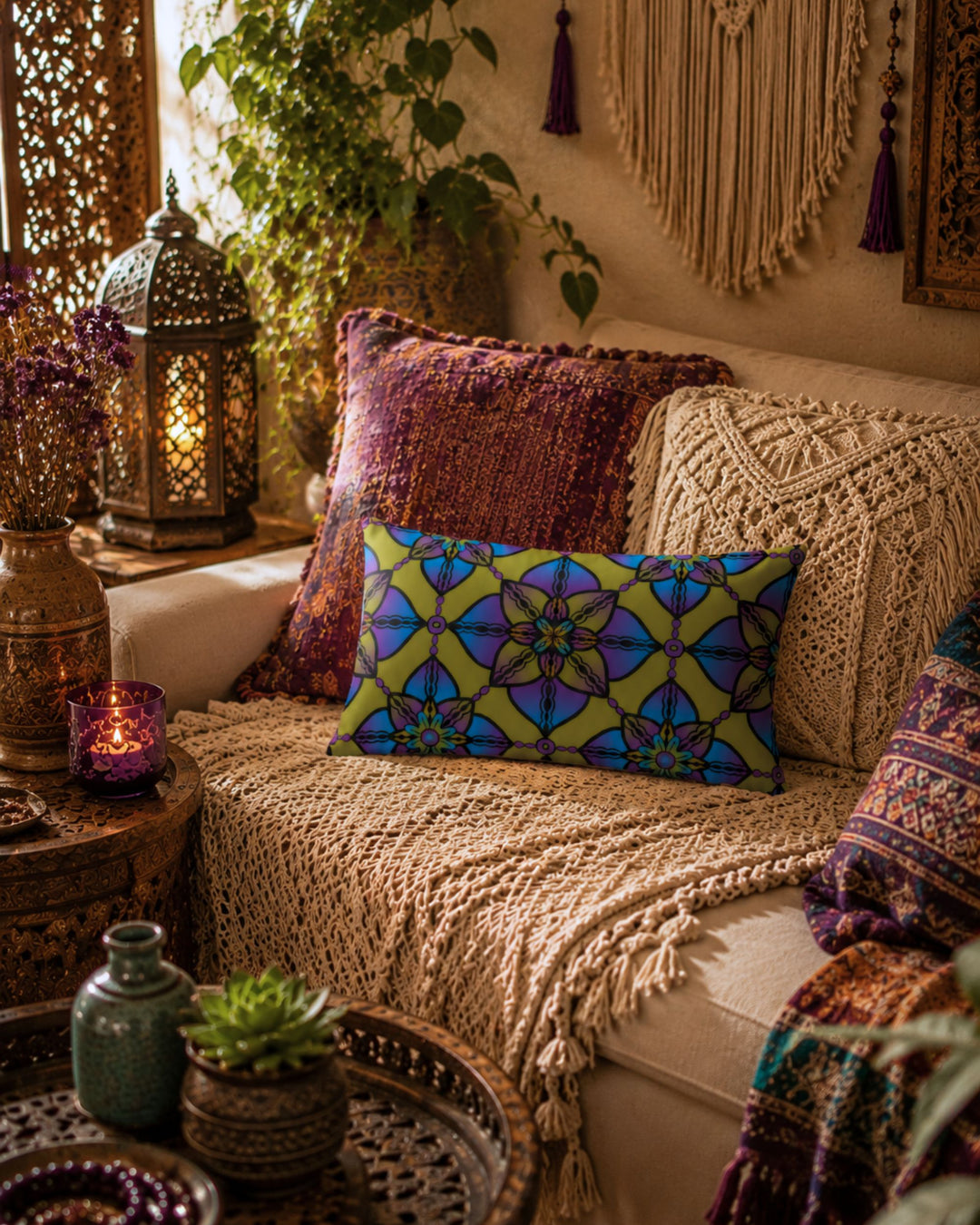 Colorful boho lumbar cushion with mandala floral pattern in purple, turquoise and olive green tones styled on a cozy sofa in a warm gypsy-inspired interior with lanterns, macramé wall hanging, layered textiles and soft candlelight.