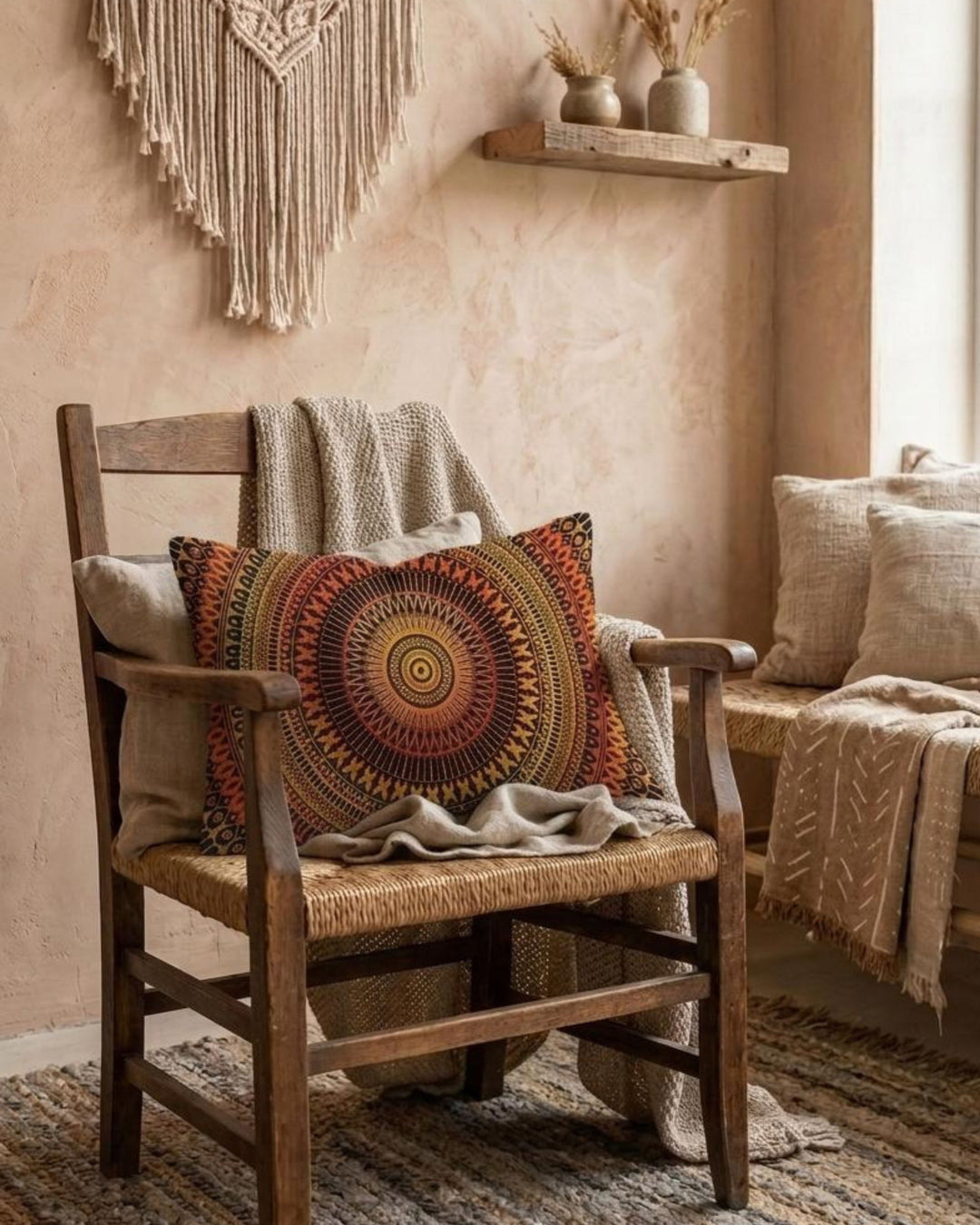 Boho mandala pillow cover in warm orange and earthy tones styled on a rustic wooden chair in a cozy boho interior with macrame wall decor, woven textures and soft natural light
