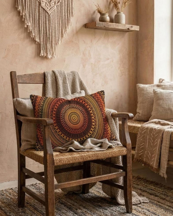 Boho mandala pillow cover in warm orange and earthy tones styled on a rustic wooden chair in a cozy boho interior with macrame wall decor, woven textures and soft natural light