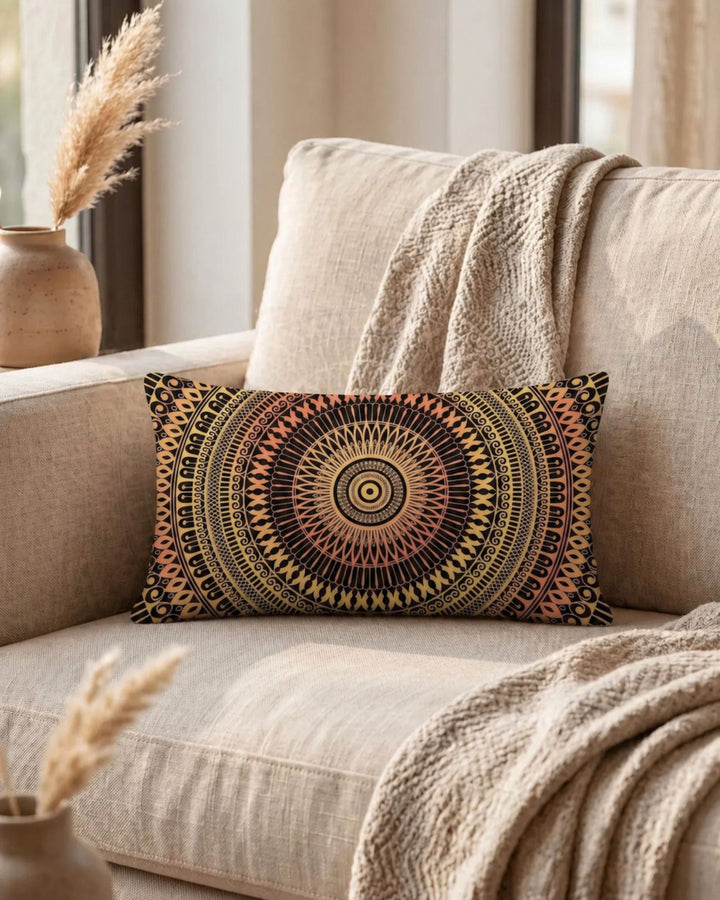 bohemian lumbar pillow with mandala design in black terracotta and gold on beige sofa warm natural interior styling