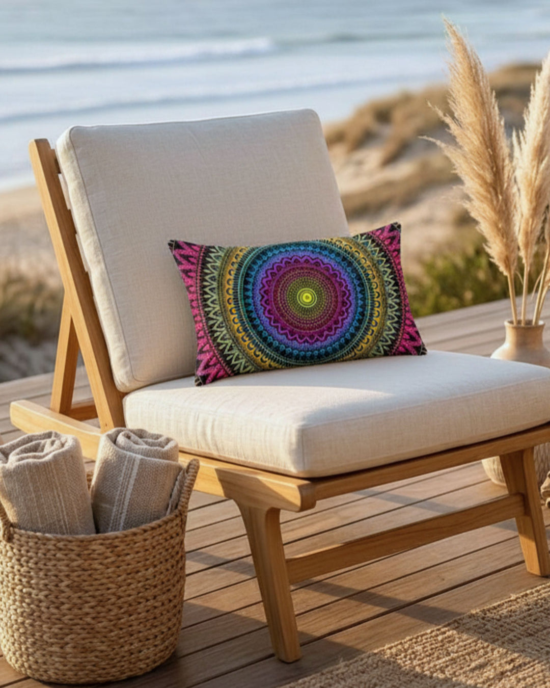 Colorful bohemian lumbar pillow with vibrant mandala design in pink, turquoise, purple and gold tones styled on a neutral beige outdoor lounge chair overlooking the beach at golden hour, with pampas grass, woven basket decor and warm coastal boho atmosphere.
