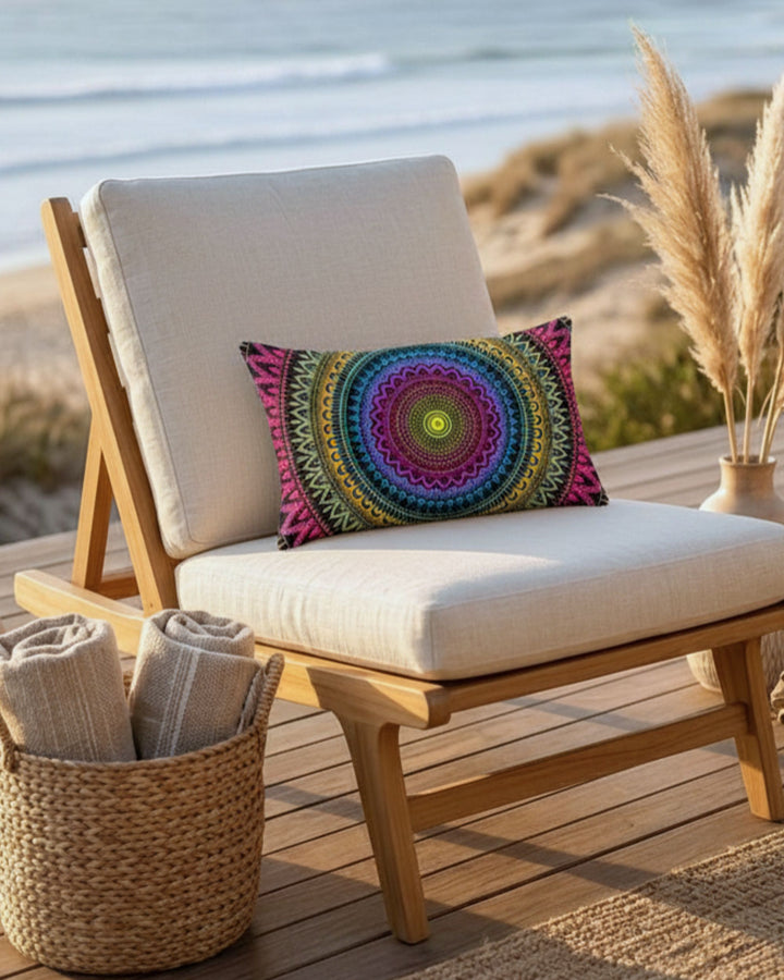 Colorful bohemian lumbar pillow with vibrant mandala design in pink, turquoise, purple and gold tones styled on a neutral beige outdoor lounge chair overlooking the beach at golden hour, with pampas grass, woven basket decor and warm coastal boho atmosphere.