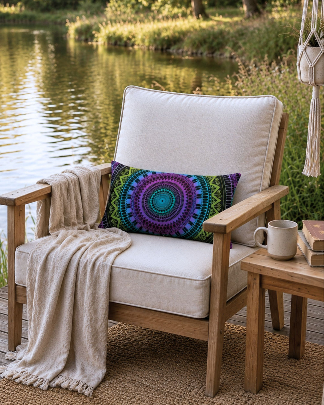 Bohemian mandala lumbar pillow with vibrant purple, turquoise and olive green pattern styled on a soft beige lounge chair beside a peaceful lake at golden hour. Cozy outdoor boho setting with natural wood, warm sunlight, textured blanket, calm water reflections and relaxed luxury atmosphere.