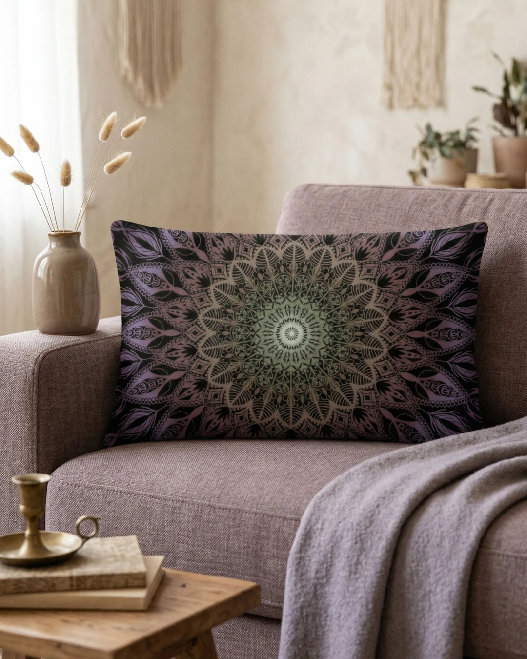 Bohemian lumbar cushion cover with mandala pattern in black, purple and green tones on pastel mauve sofa in warm cozy interior