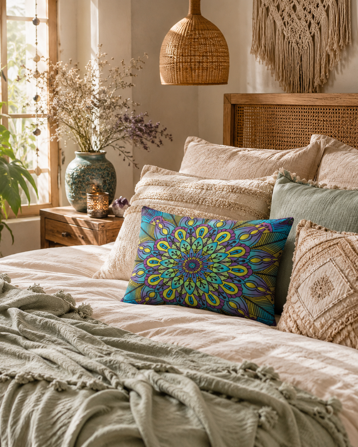 Colorful bohemian lumbar pillow with mandala design on a cozy beige linen bed in a warm boho bedroom with rattan furniture, layered neutral bedding, woven textures and soft earthy decor accents. Relaxed luxury interior styling with natural materials, macramé wall hanging and soft daylight.