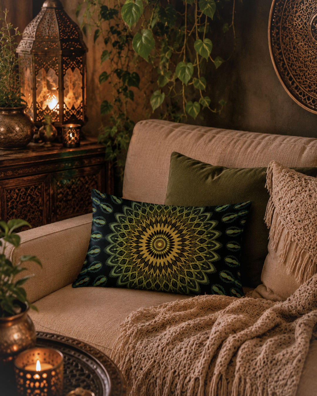 Zwart bohemian lumbar kussen met groene en mosterdgele mandala print op een beige stoffen bank in een warm donker boho interieur met Marokkaanse lantaarns, kaarslicht, hangplanten en gebreide plaid.