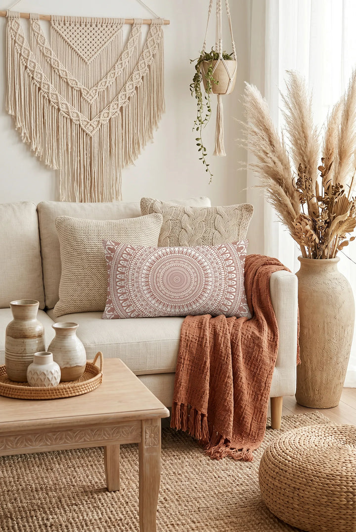 blush beige mandala lumbar pillow in a warm neutral boho living room with cream sofa, pampas grass, macrame wall hanging and soft cozy textures, bohemian lumbar cushion styled in calm earthy interior for Boho for Life