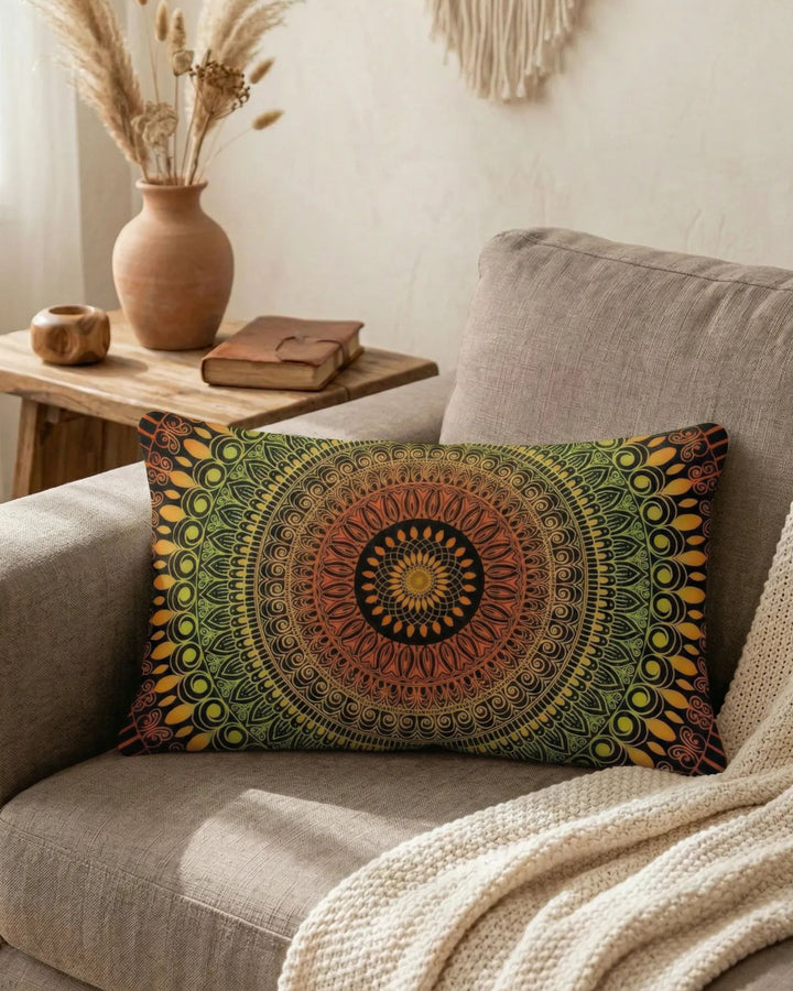 boho mandala lumbar pillow with green and orange pattern on a neutral beige sofa, warm natural light, wooden side table with dried grasses, cozy earthy interior styling