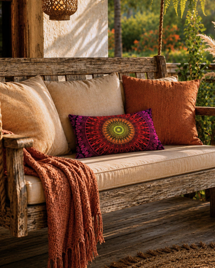Rectangular boho mandala lumbar pillow in vibrant pink, red, orange and yellow tones styled on a rustic wooden porch swing with warm terracotta cushions, woven lanterns, pampas grass and cozy bohemian decor in soft golden sunset light.