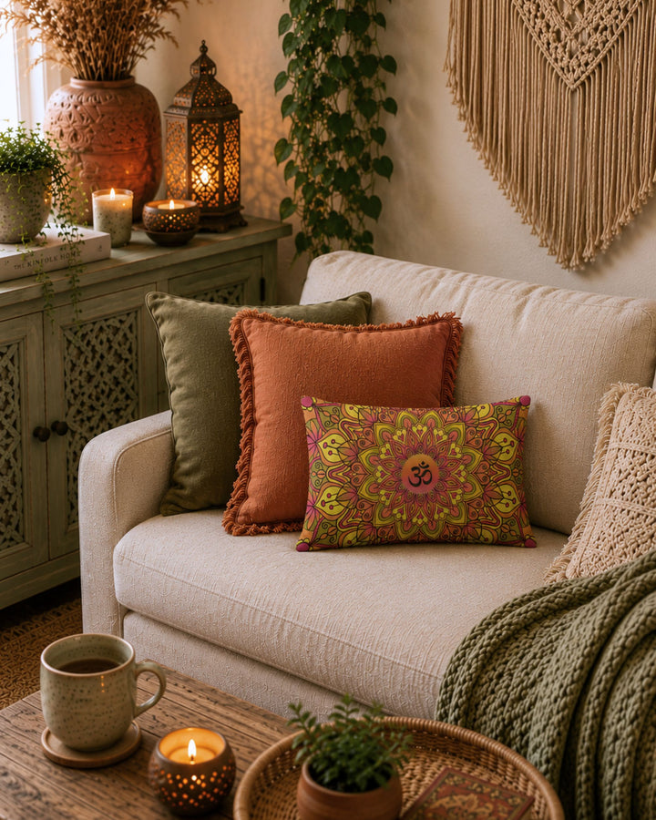 A colorful om mandala lumbar pillow on a cream linen sofa, layered with olive green and terracotta cushions in a warm boho living room with macramé wall hanging, Moroccan lantern and candlelight.