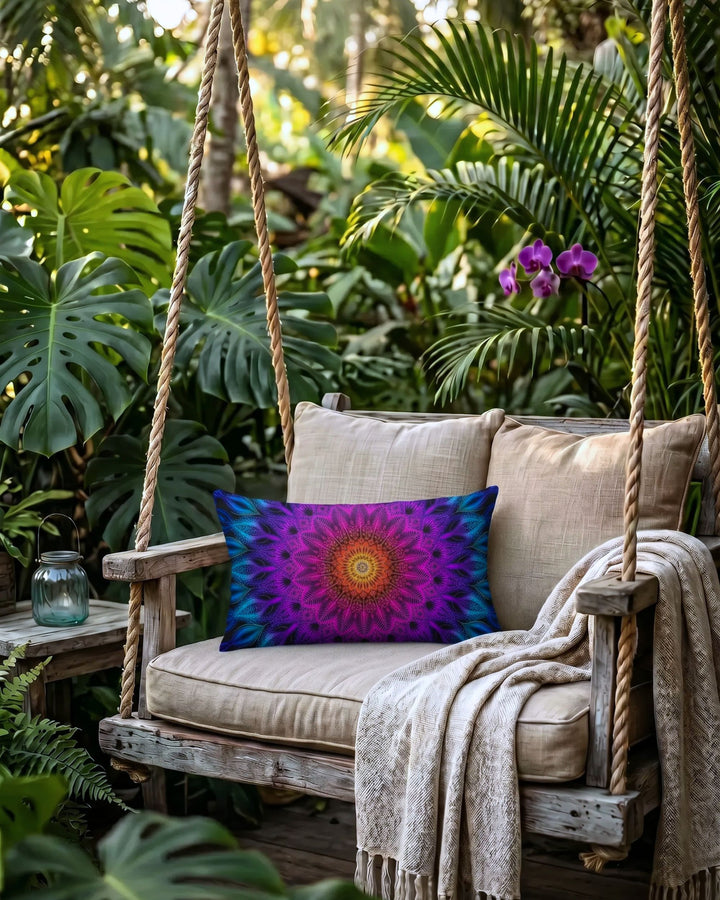 Colorful bohemian lumbar pillow with vibrant pink, purple, turquoise and orange mandala design styled on a rustic wooden hanging swing chair surrounded by lush tropical plants, warm beige textiles and soft golden sunlight.