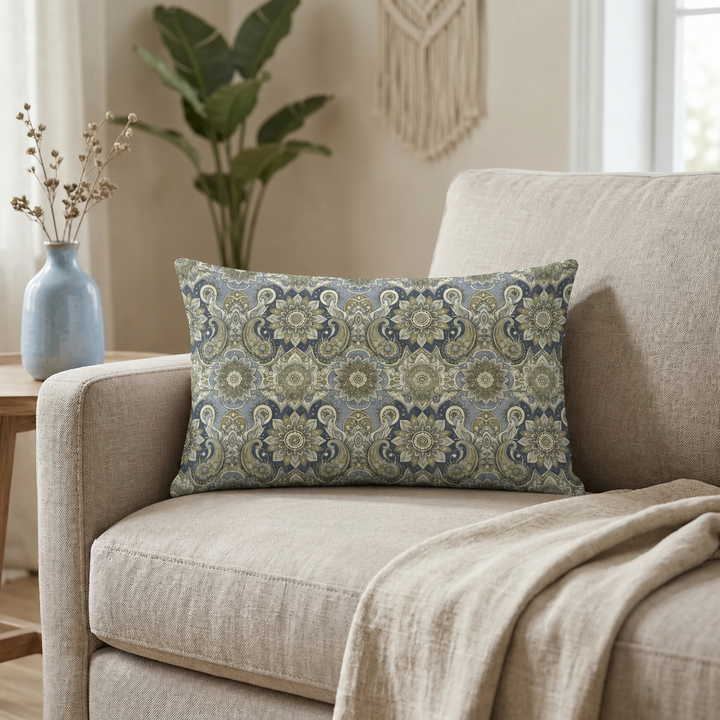 Bohemian lumbar cushion cover with mandala and paisley pattern in muted blue, beige and grey tones on neutral sofa