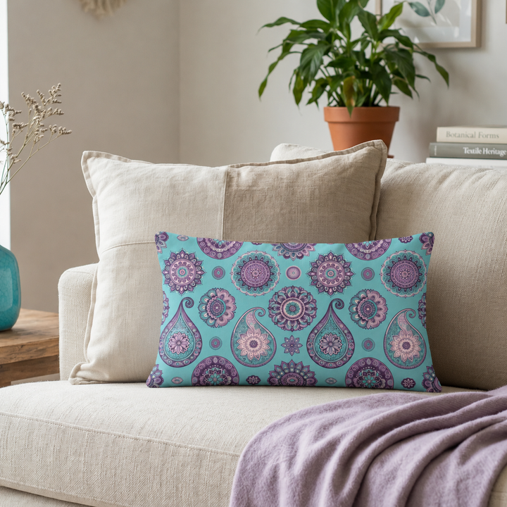 Turquoise purple decorative pillow cover with detailed mandala design