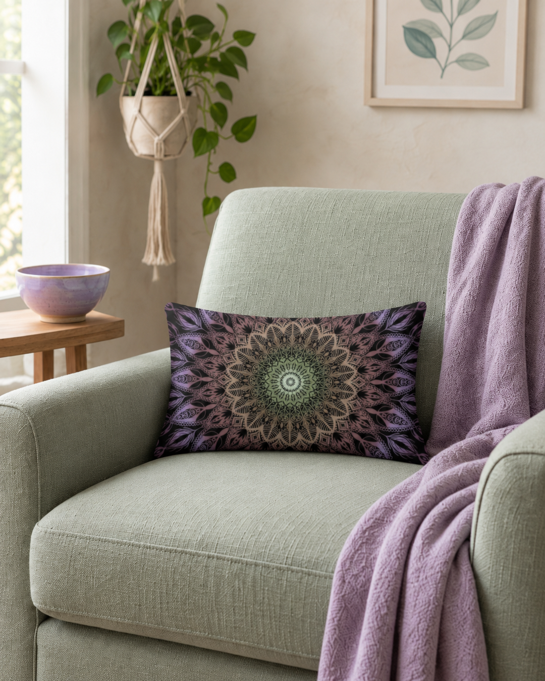 Boho lumbar pillow cover with lavender and soft green mandala design styled on a pale green armchair in a calm boho interior