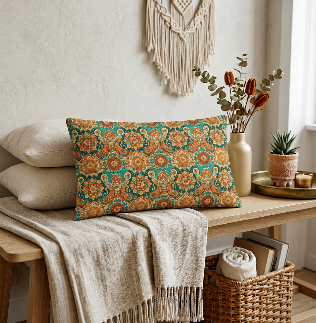 Boho lumbar pillow cover with mandala paisley design in teal, rust and beige for warm bohemian home decor
