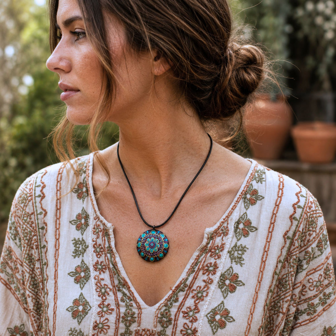 Authentic boho woman wearing a colorful mandala necklace and embroidered bohemian blouse in a peaceful natural setting, reflecting the handmade and free spirited lifestyle of Boho for Life.