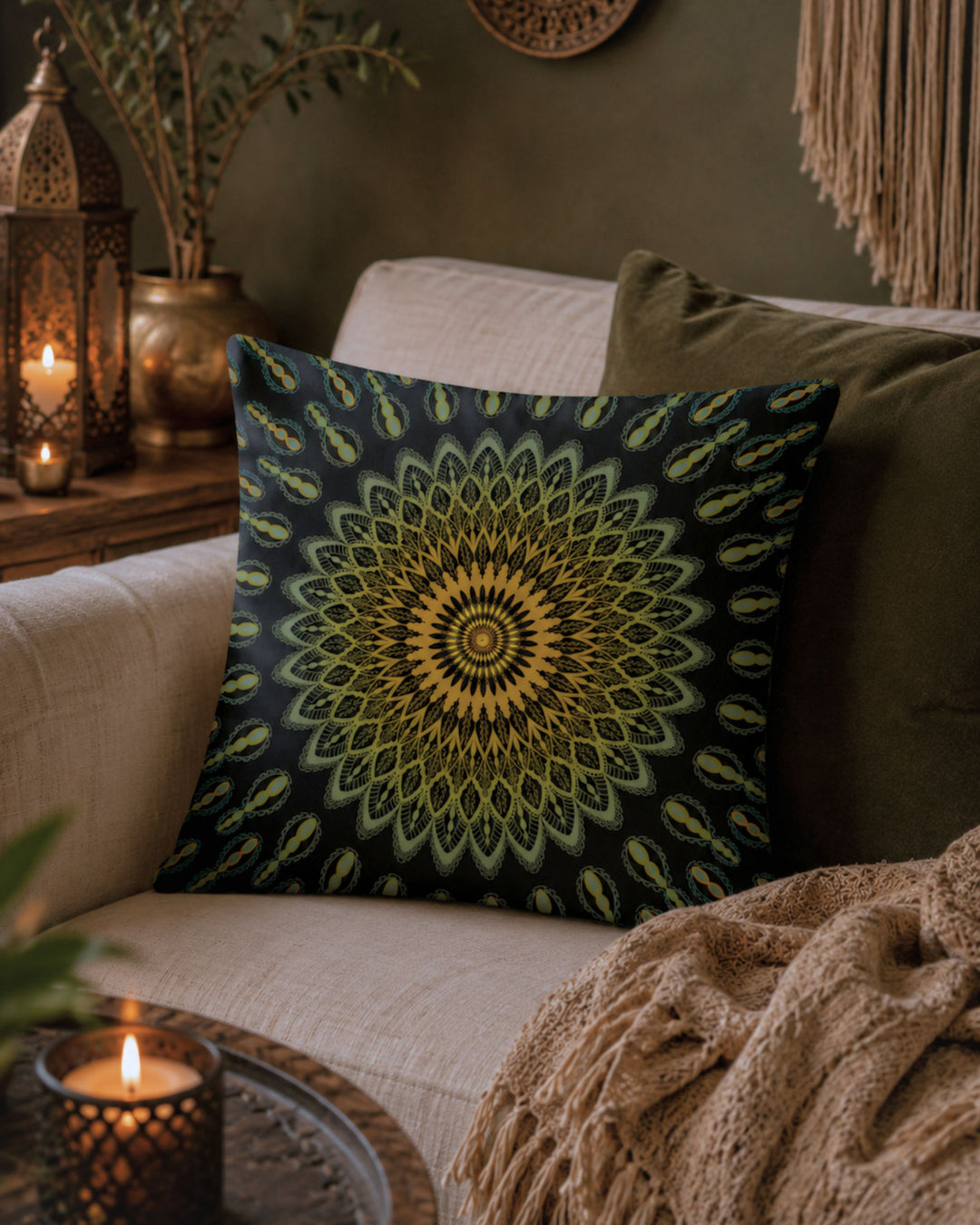 Zwart bohemian mandala sierkussen met olijfgroene en mosterdgele details op een beige bank in luxe gypsy boho interieur met warme kaarsverlichting, Marokkaanse lantaarn en natuurlijke texturen.