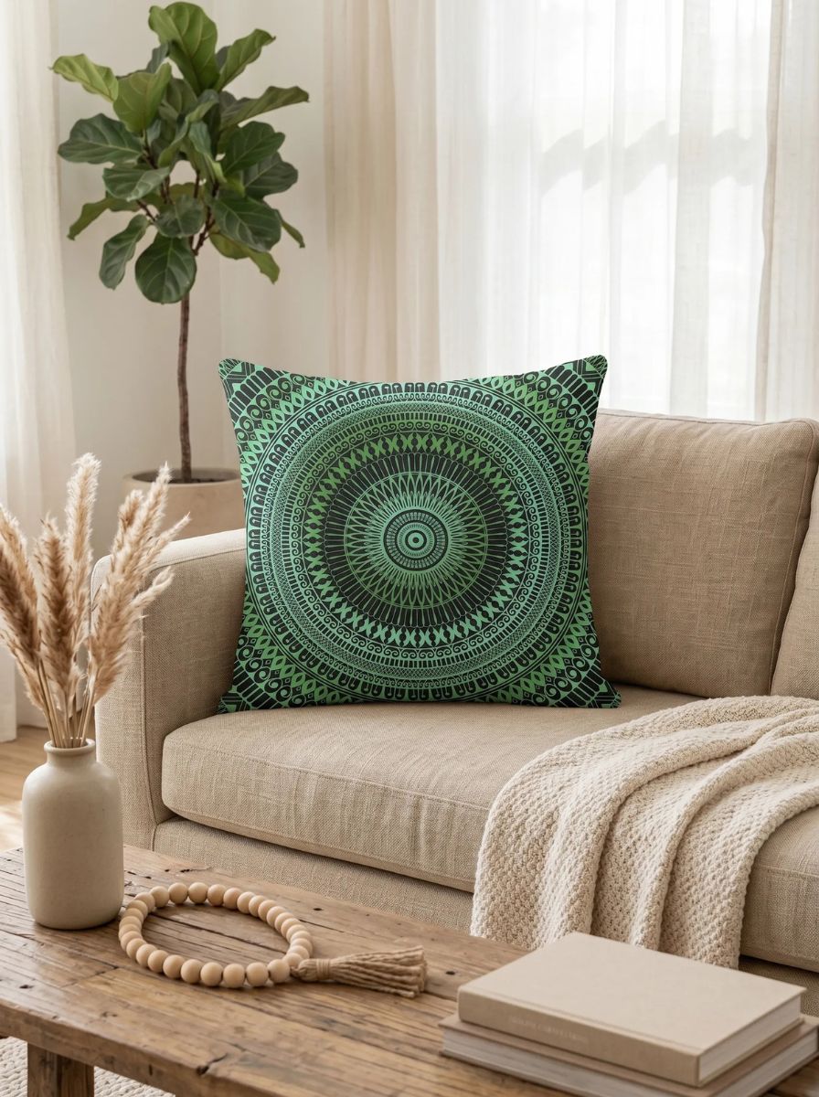 Green mandala pillow on a beige sofa with a plant and decor items in a living room.
