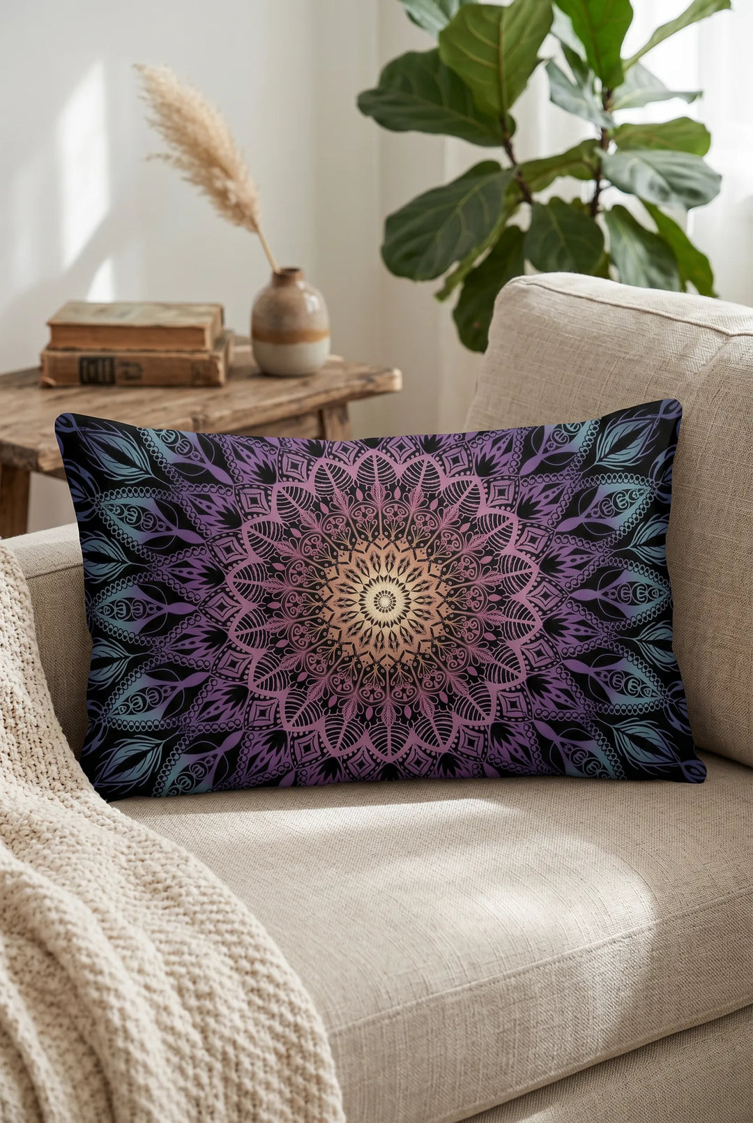 Decorative pillow with mandala pattern on a beige couch in a living room setting.