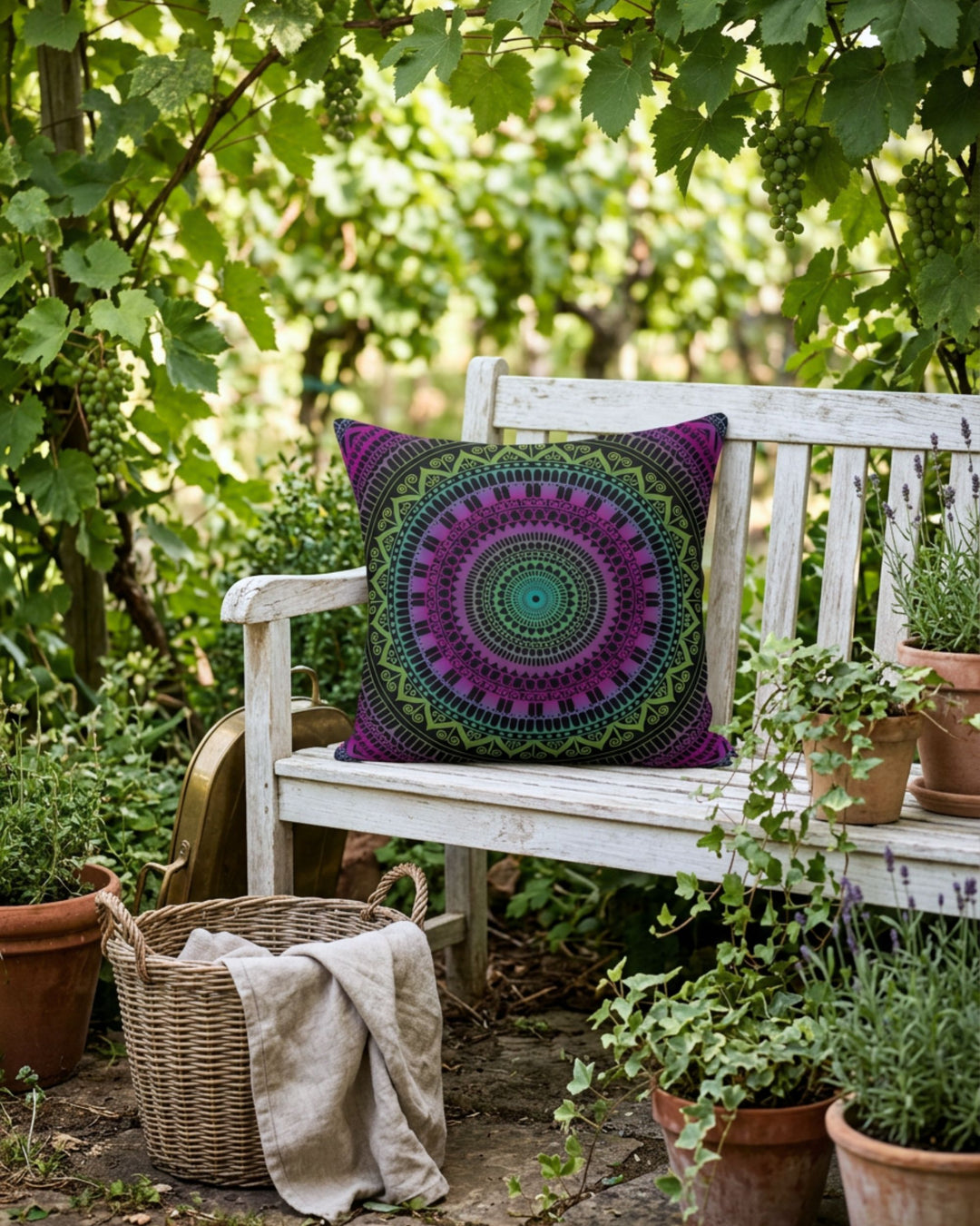 Bohemian mandala pillow with vibrant purple, turquoise and olive green pattern styled on a rustic white washed wooden garden bench beneath lush grapevines and greenery. Cozy outdoor boho setting with woven basket, terracotta pots and soft natural sunlight.