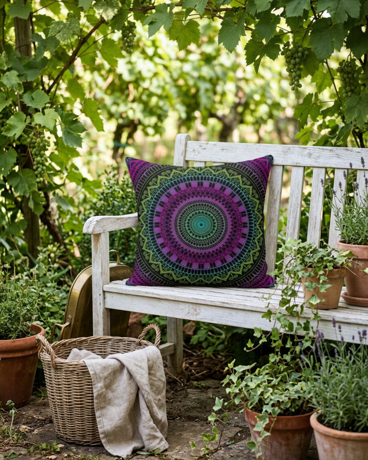 Bohemian mandala pillow with vibrant purple, turquoise and olive green pattern styled on a rustic white washed wooden garden bench beneath lush grapevines and greenery. Cozy outdoor boho setting with woven basket, terracotta pots and soft natural sunlight.