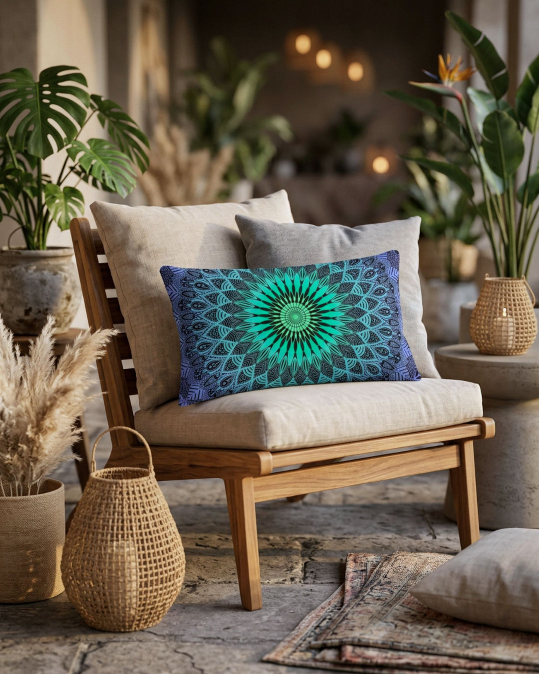 Bohemian lumbar pillow with turquoise and teal mandala design on a wooden lounge chair in a warm luxury boho interior with tropical plants, soft candlelight and neutral linen cushions.