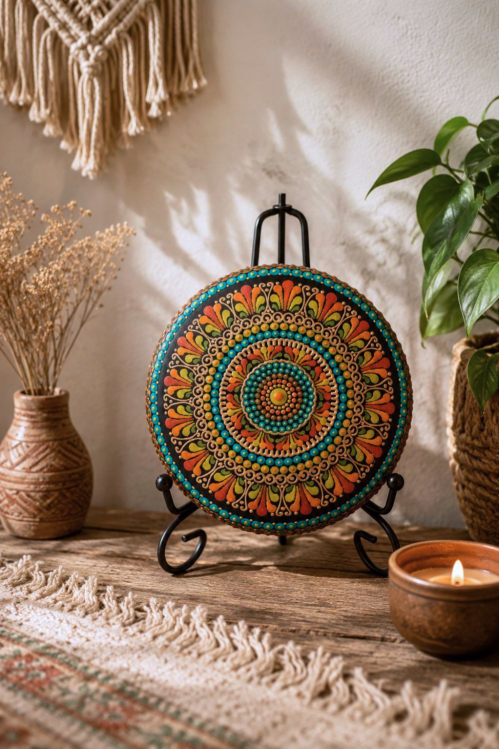 Handpainted colorful mandala stone in a warm boho interior with candlelight, macramé wall decor and natural earthy styling