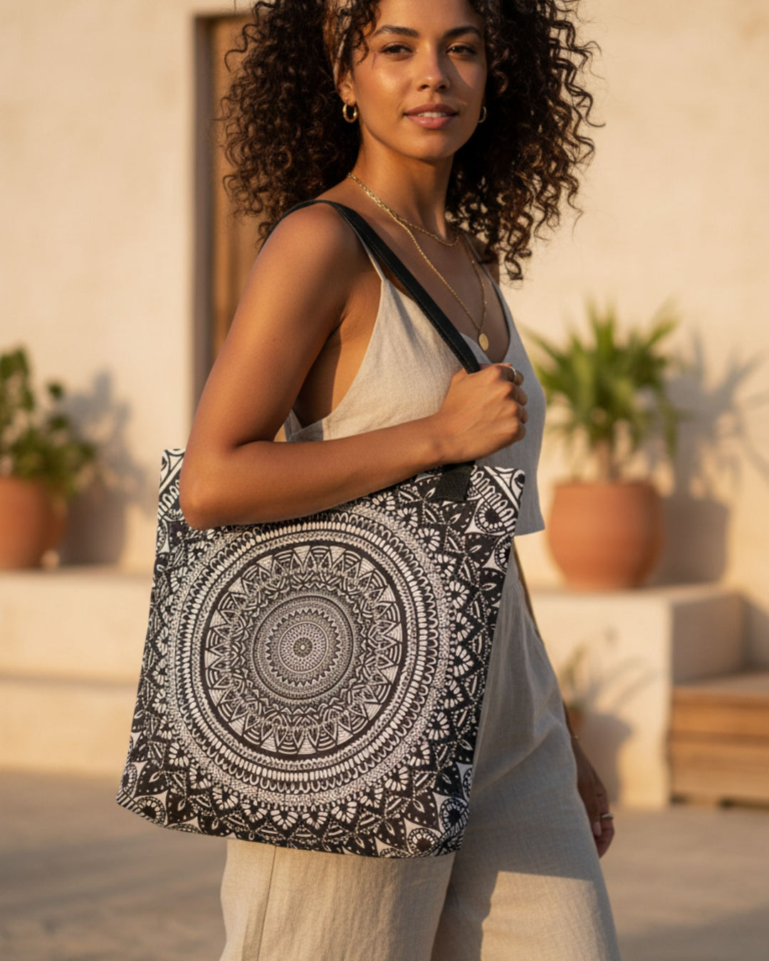 black and white mandala tote bag worn by woman with curly hair in warm sunlight, boho style linen outfit, outdoor mediterranean setting