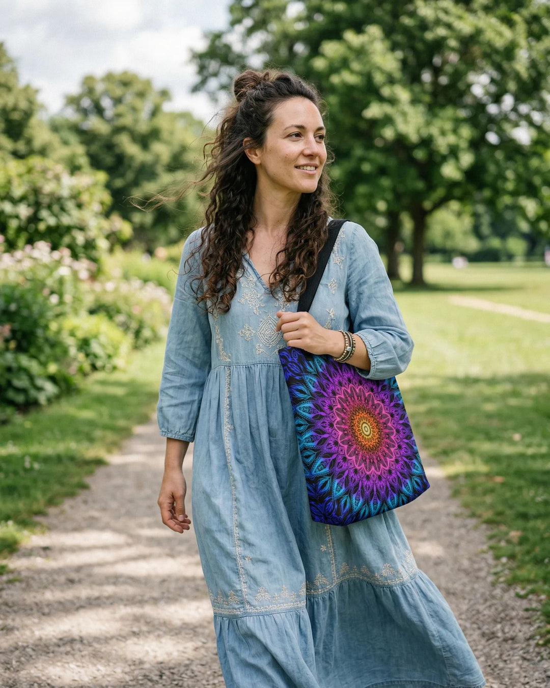 Vrouw in lichtblauwe boho denim jurk loopt in park met kleurrijke mandala tote bag in paars blauw en oranje
