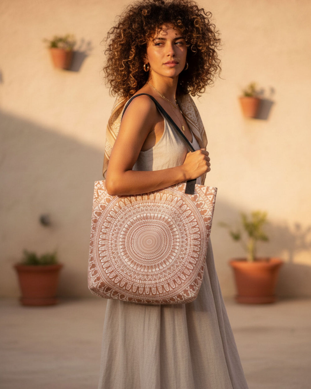 Beige boho tote bag with detailed mandala pattern carried by woman with curly hair in neutral outfit, warm sunlight outdoor setting