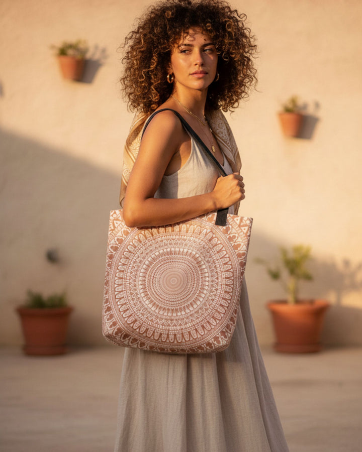 Beige boho tote bag with detailed mandala pattern carried by woman with curly hair in neutral outfit, warm sunlight outdoor setting