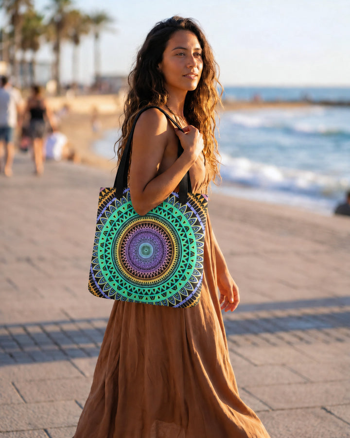 Mint green and purple mandala tote bag worn by a woman in a boho lifestyle setting