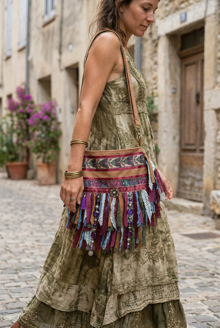 Woman wearing a bohemian dress with a colorful fringe bag on a street.