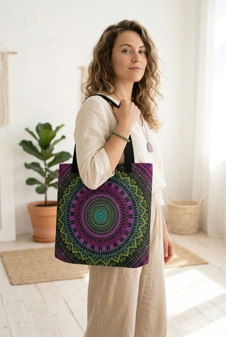 bohemian tote bag with green and purple mandala design worn by woman in natural boho outfit with subtle matching accessories